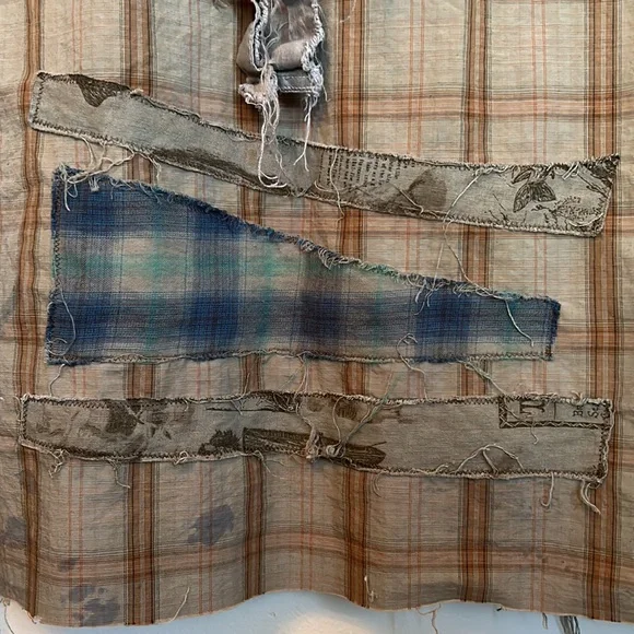 Upcycled patched over dyed fringe back sportsmen’s fish print plaid duster shirt